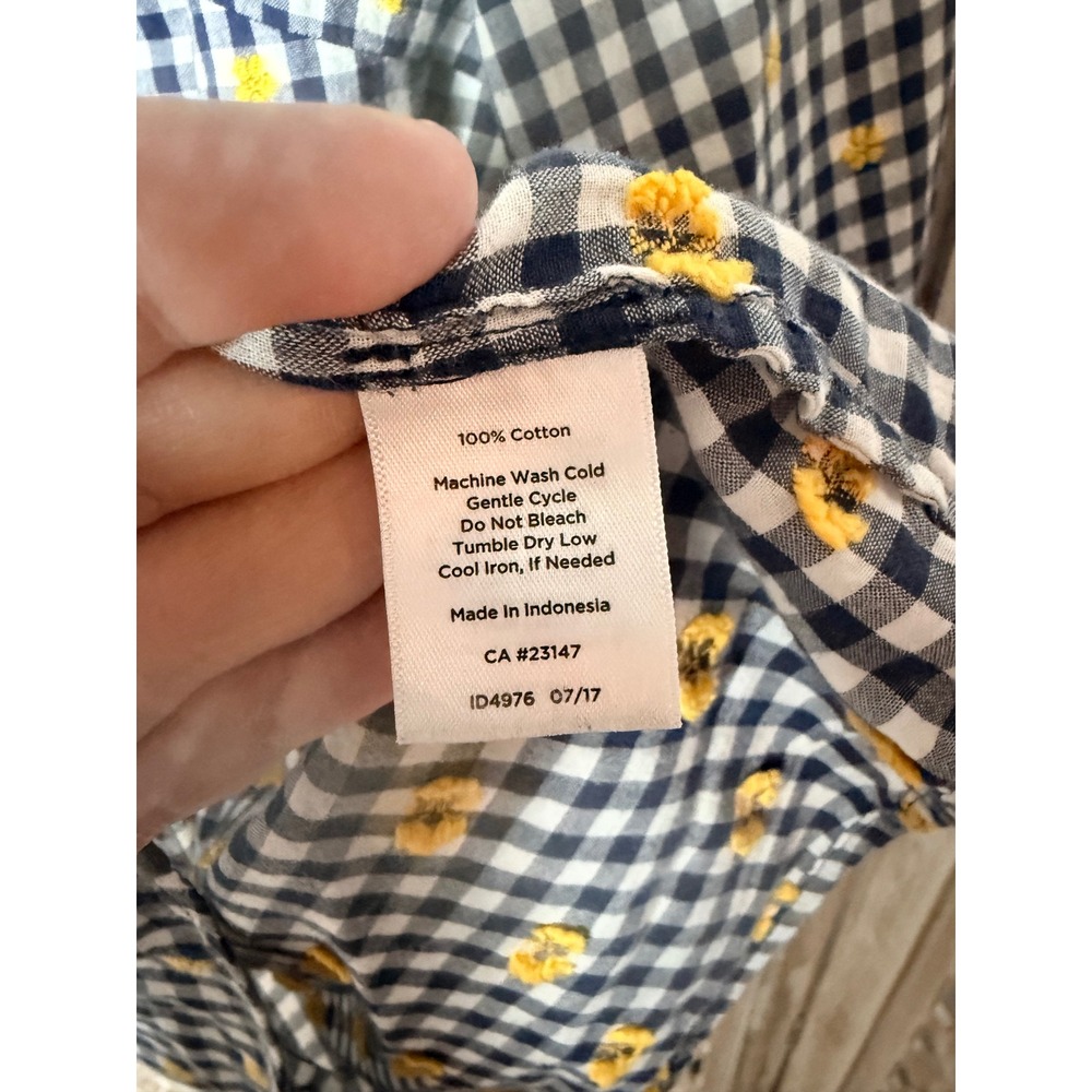Talbots Womens Navy White Gingham Yellow Embroidered Flower Bell Sleeve Blouse L - Picture 4 of 8